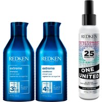 Blue Redken Extreme shampoo and conditioner bottles with white Redken One United spray bottle.