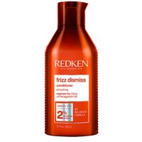 Red bottle of Redken Frizz Dismiss Conditioner 300ml with white label and red cap.