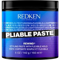 Blue and black jar of Redken Pliable Paste, 150ml, with bold white text and flexible hold styling paste label.