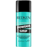 Teal Redken Powder Grip bottle with black cap, white text, and black label highlighting "Volumizing Texturizing Hair Powder."