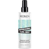 Clear bottle of Redken Refreshing Curl Mist 250ml with black spray nozzle and blue text accents.