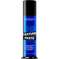 Blue and black Redken Texture Paste bottle, 75ml, with bold white text for hair definition.