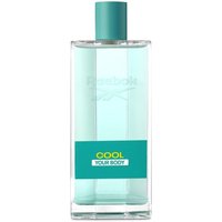 Clear rectangular bottle with turquoise cap and label, "Reebok Cool Your Body" Eau de Toilette 100ml spray.