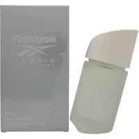 Reebok Iconic Statement white perfume bottle with angled cap, next to matching gray box, 100ml.