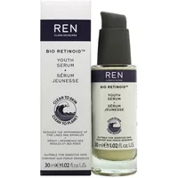 REN Bio Retinoid Youth Serum 30ml in a clear bottle with black pump, next to matching white box with blue accents.