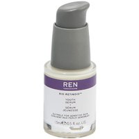 REN Skincare Mini Bio Retinoid Youth Serum 15ml, white bottle with purple label and grey pump dispenser.