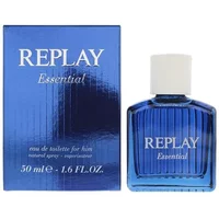Blue Replay Essential Eau De Toilette 50ml bottle with white cap and matching blue box.