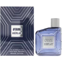 Replay Tank For Him Eau De Toilette 100ml, blue rectangular bottle with silver cap and geometric box design.