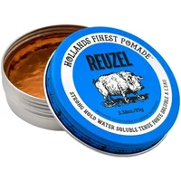 Blue tin of Reuzel Blue High Shine Strong Hold Pomade with pig logo, open to show amber pomade inside.