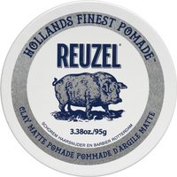 Reuzel Clay Matte Pomade 95g tin with pig illustration, blue text, and gray border on white lid.