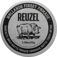 Reuzel Concrete Hold Matte Pomade 95g tin with pig logo, gray lid, and black text detailing.