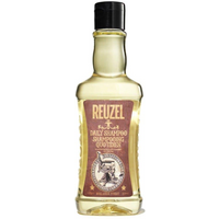 Reuzel Daily Shampoo 350ml bottle with amber liquid, black cap, and vintage-style red label featuring a pig logo.
