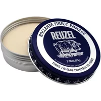 Blue tin of Reuzel Fibre Pomade 95g with pig logo, open to show beige pomade inside.