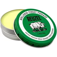 Reuzel Green Grease Medium Hold Pomade 95g in a green tin with a pig logo and text, lid slightly open showing yellow pomade.