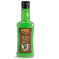 Green Reuzel Scrub Shampoo bottle, 350ml, with brown label featuring vintage design and black cap.