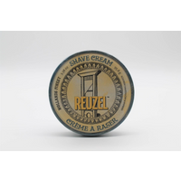 Reuzel Shave Cream 95.8g tin with vintage barber pole design and gold Reuzel logo on beige background.