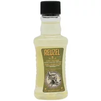 Reuzel Tea Tree 3-In-1 Shampoo 100ml, clear bottle with black cap, green label featuring brand logo and product details.