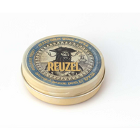 Beige tin of Reuzel Wood & Spice Beard Balm with vintage logo and dark blue accents, 35g size.