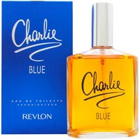 Revlon Charlie Blue 100ml Eau de Toilette, clear glass bottle with gold cap, blue box with white script.