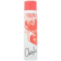 Revlon Charlie Red Body Spray 75ml with red cap, white can, and red abstract design.