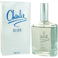 Revlon Charlie Silver Eau De Toilette 100ml, clear bottle with silver cap, blue script logo on white box.