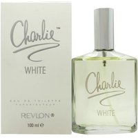 Revlon Charlie White Eau de Toilette 100ml, clear glass bottle with silver cap, next to matching white box.