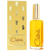 Revlon Ciara Eau De Toilette 68ml in a clear bottle with gold cap, next to a gold box with black and gold design.