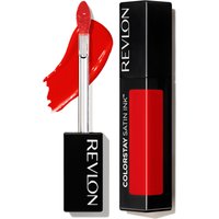 Revlon ColorStay Satin Ink Liquid Lipstick 5ml, bold red shade, sleek black tube with visible color window and applicator.