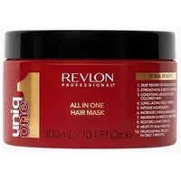 Red Revlon Professional Uniqone All In One Hair Mask jar, 300ml, with black lid and gold accents.