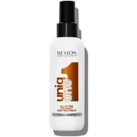 Revlon Uniq One Coconut Hair Treatment 150ml, white bottle with black spray cap and brown logo.