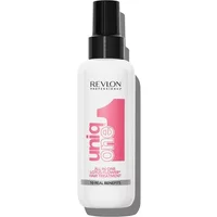 Revlon Uniq One Lotus Flower Hair Treatment, white bottle with pink logo and spray nozzle, 150ml.