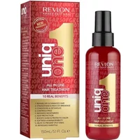 Red Revlon Uniq One Classic Hair Treatment bottle with spray nozzle, 150ml, next to matching red box with gold accents.