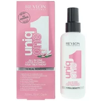 Revlon Uniq One Lotus Flower Hair Treatment, white bottle with black spray cap, pink box with large white number 1.