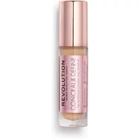 Revolution Conceal & Define Concealer C8, rose gold cap, clear tube, pink label with black text.