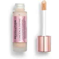 Revolution Conceal & Define Foundation F3, frosted bottle with rose gold cap and applicator wand.