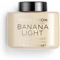 Revolution Loose Baking Powder Banana Light in a square beige container with black lid and bold black text.