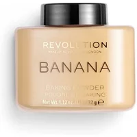 Revolution Loose Baking Powder Banana in a square, translucent beige jar with black lid and bold black lettering.
