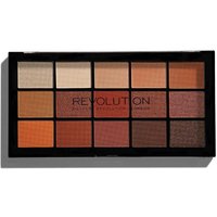 Revolution Makeup Reloaded Palette with 15 warm-toned eyeshadows in a black rectangular case.