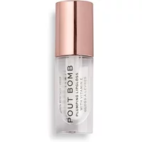 Clear Revolution Pout Bomb plumping lip gloss with rose gold cap and bold black text on transparent tube.