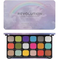 Revolution Rainbow Eyeshadow Palette with 18 vibrant shades in a black case, lid features a pastel rainbow on clouds.