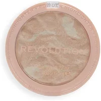 Round compact of Revolution Reloaded Highlighter in marbled champagne and gold tones with clear lid.