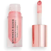 Revolution Shimmer Bomb Lip Gloss Glimmer, pink hue, transparent tube, rose gold cap, doe-foot applicator.