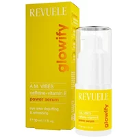 Revuele Glowify A.M. Vibes Power Serum 30ml, white pump bottle with yellow label, next to matching yellow box.