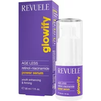 Revuele Glowify Age Less Power Serum 30ml, purple bottle with pump, retinol-niacinamide formula, in matching box.