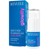 Revuele Glowify Dew It Now Power Serum 30ml, clear bottle with blue label, white pump, blue box with pink text.