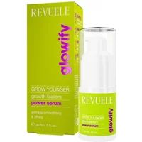 Revuele Glowify Grow Younger Power Serum 30ml in a clear bottle with green label, matching green box with purple text.