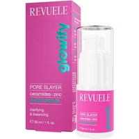 Revuele Glowify Pore Slayer Power Serum 30ml in a pink and white bottle with a clear pump dispenser and matching box.
