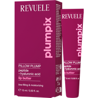 Revuele Pillow Plump Lip Butter 15 ml in pink tube with matching box, featuring peptide and hyaluronic acid.