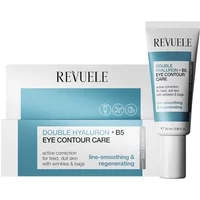 Revuele eye contour care tube with blue label, white cap, and matching box featuring product details.