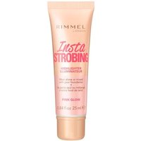 Rimmel Insta Strobing Highlighter in Pink Glow, 25ml tube, peach packaging with pink text and shiny finish.